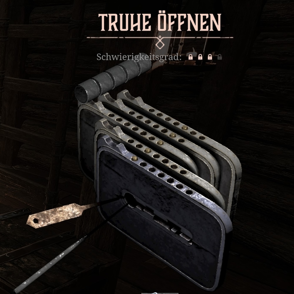 Screenshot des Lockpick-Minispiels: mehrere übereinanderliegende Metallscheiben mit je einer Reihe Löcher, darin einzelne Stifte, davor ein angesetzter Dietrich.