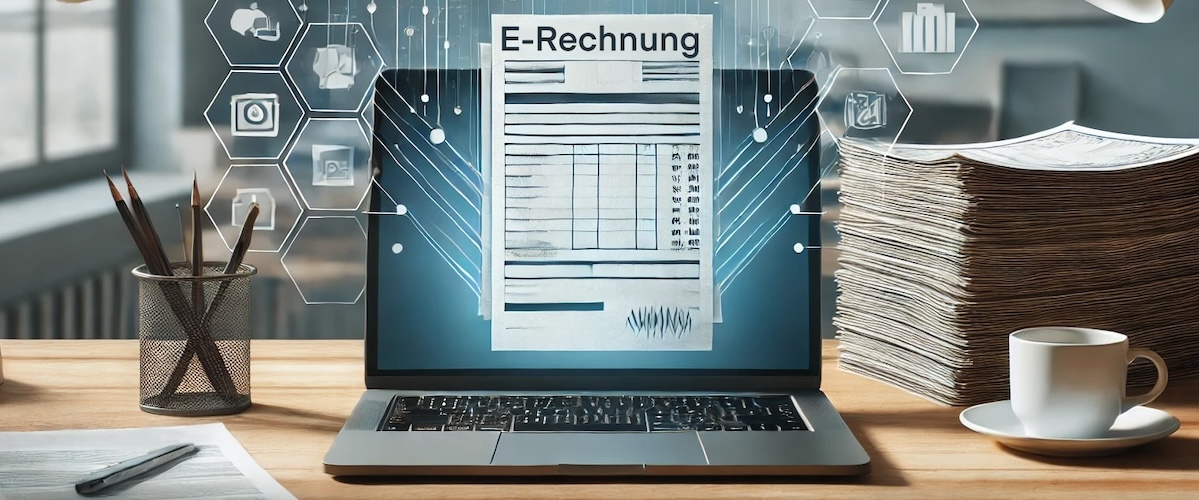 Büro mit Rechner aus dem eine E-Rechnung erscheint